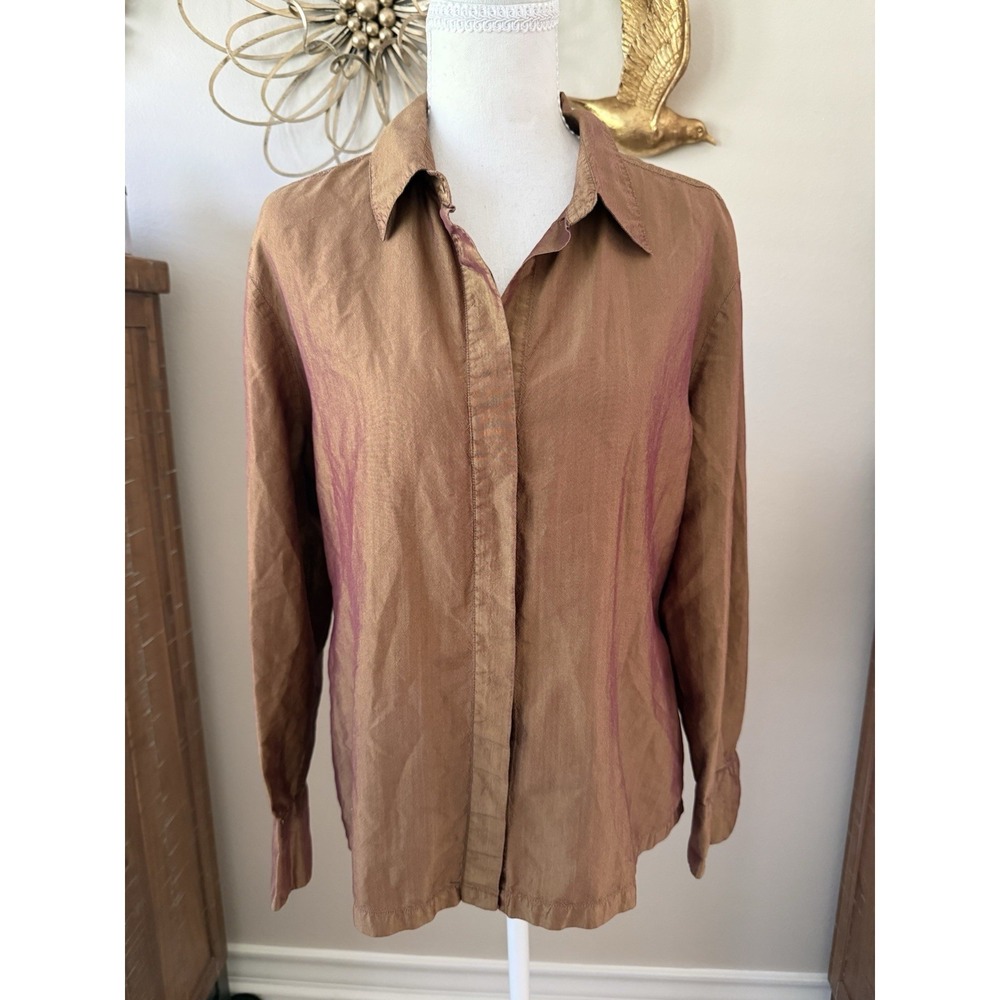 Vintage Express 100% Silk Bronze Button Front Blouse Womens 11/12 Y2K Career